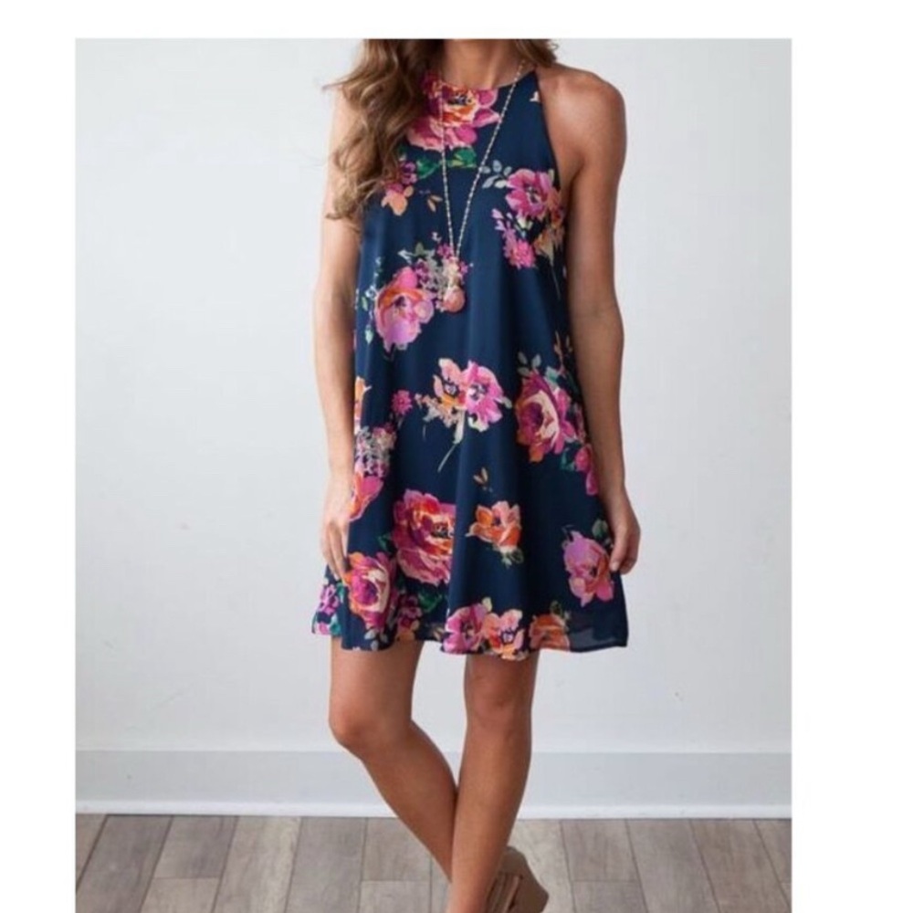 Everly Navy Floral Halter Dress with Pink & Orange Blooms